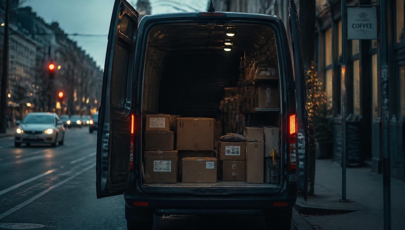 Open delivery van packed with parcels on a city street at dusk